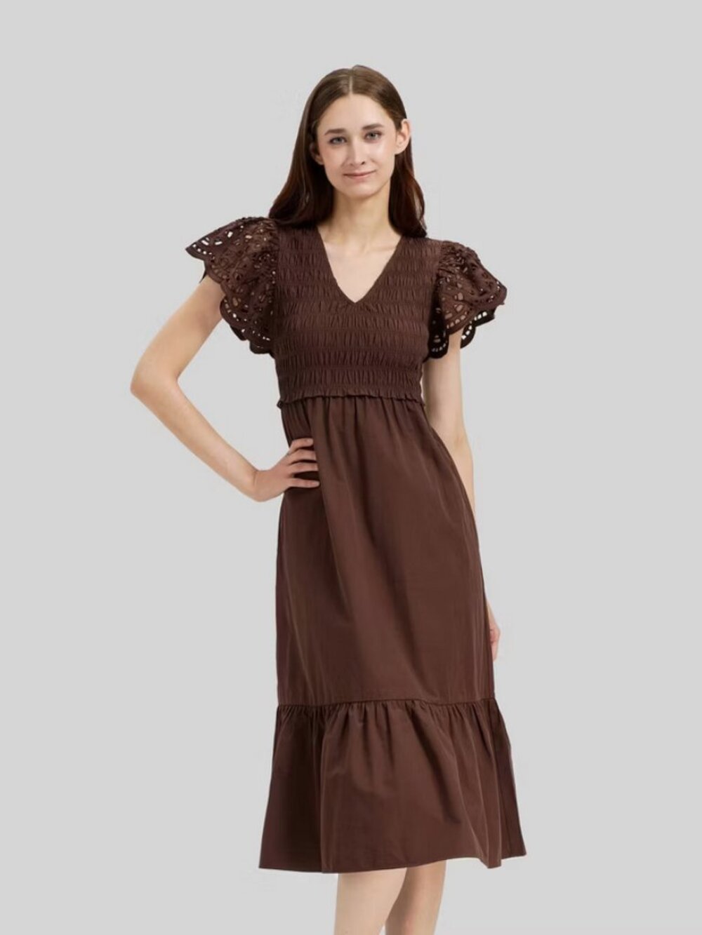 Women's Flutter Short Sleeve Midi A-Line Dress - Universal Thread Brown S - Picture 2 of 4